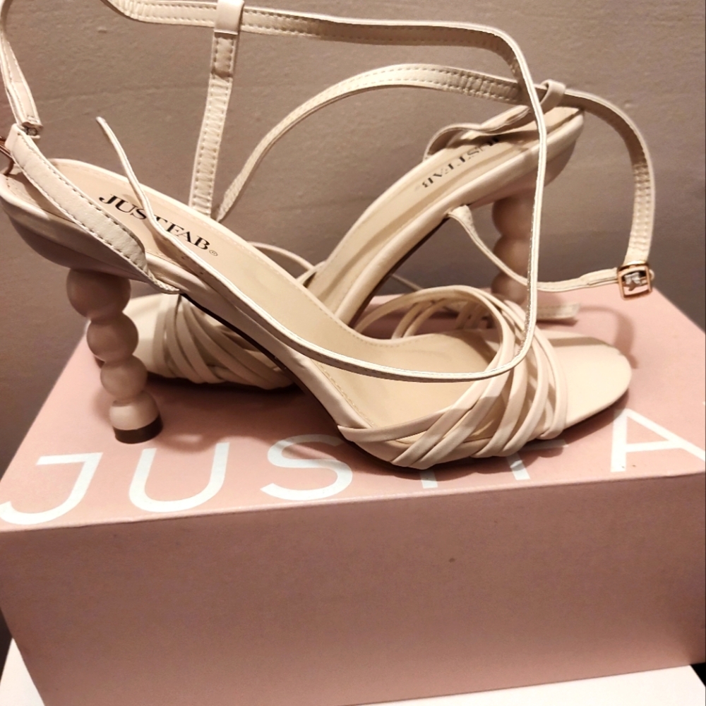 JustFab Cream Stiletto Heels with Strappy Design
